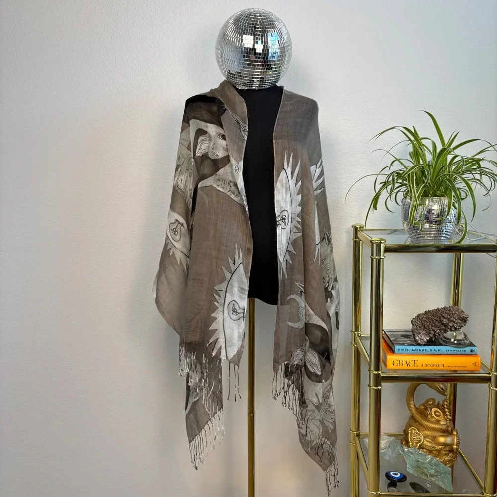 Picasso Guernica Print Scarf, Taupe Black Oversized Rectangle Silk Cotton Blend